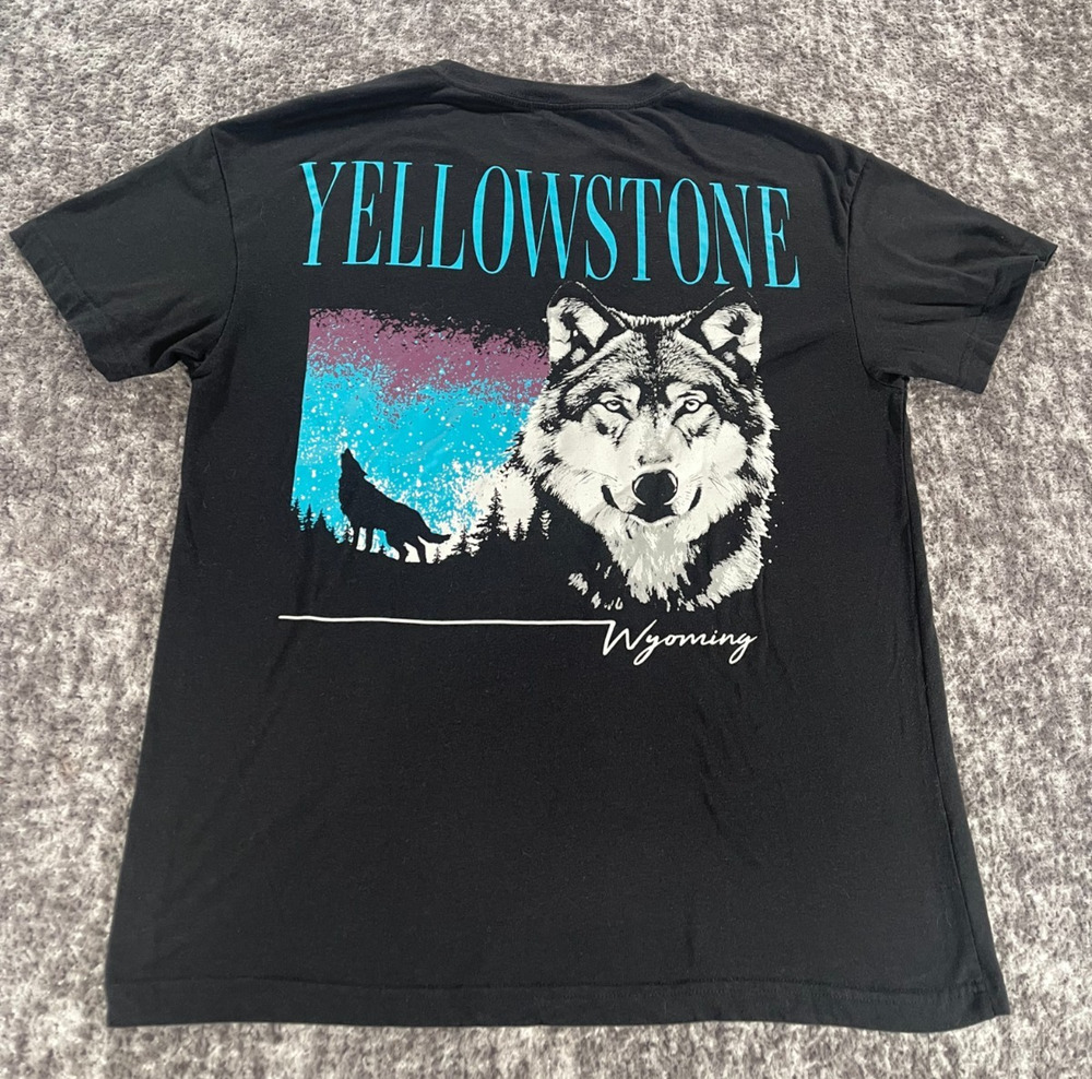Yellowstone Wyoming T Shirt Nature Tee Mens Large Wolf AOP Hiking L